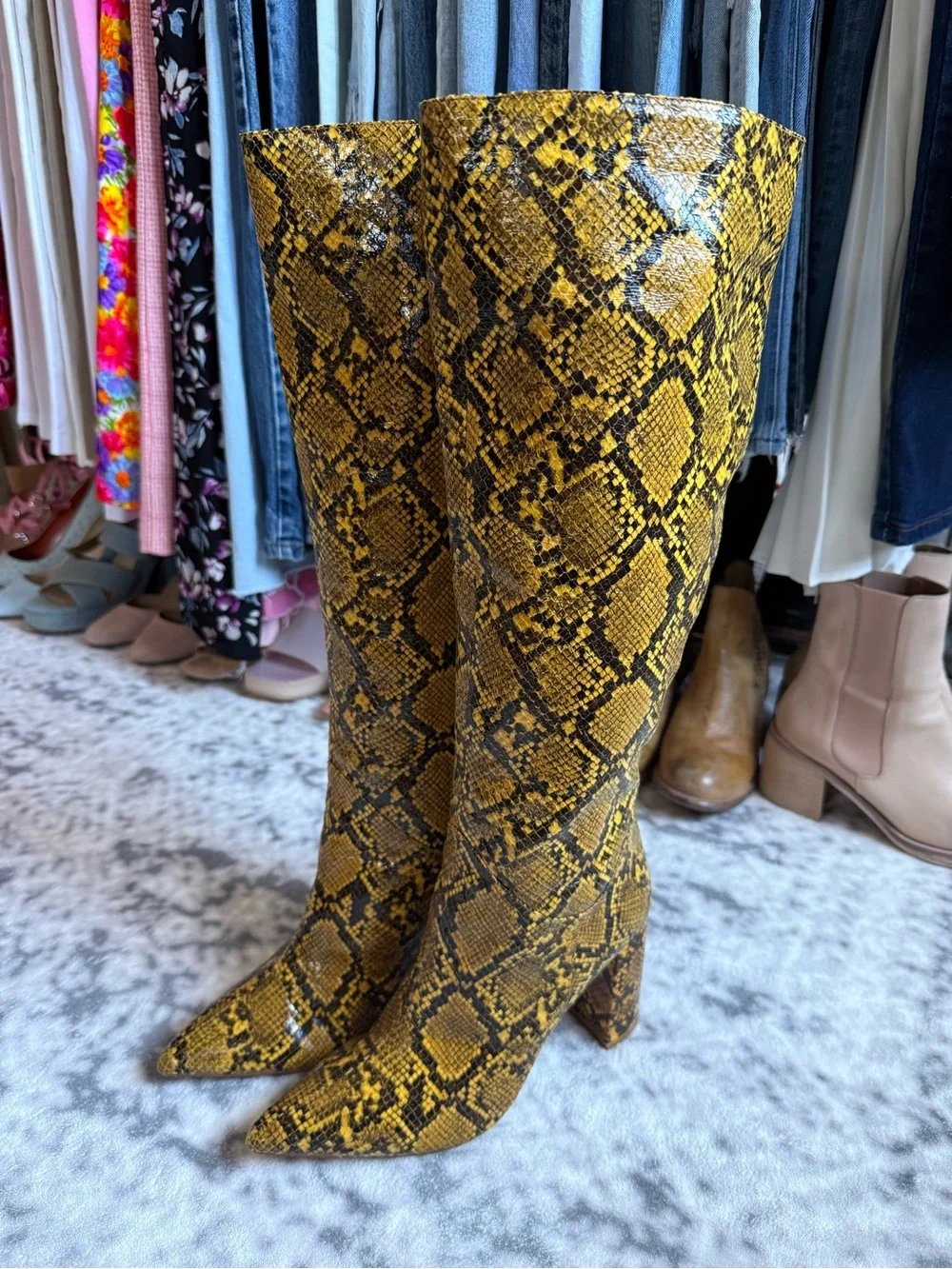 Jeffrey Campbell - Siren Snakeskin Knee-High Pointed Block-Heel Boots - 10